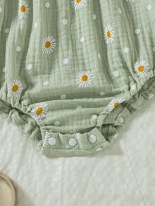 SHEIN 2件組可愛兔子刺繡與毛球裝飾女嬰連身衣吊帶套裝，夏季嬰兒穿搭，秋季穿搭 - 綠色 - 查看 6