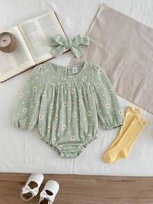 SHEIN 2件組可愛兔子刺繡與毛球裝飾女嬰連身衣吊帶套裝，夏季嬰兒穿搭，秋季穿搭 - 綠色 - 查看 2