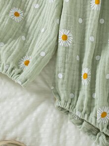 SHEIN 2件組可愛兔子刺繡與毛球裝飾女嬰連身衣吊帶套裝，夏季嬰兒穿搭，秋季穿搭 - 綠色 - 查看 5