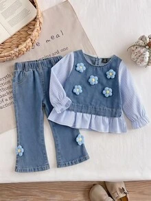 SHEIN 女嬰家庭套裝 鄉村風 Daddy's Girl 可愛老錢風 牛仔拼接 2 件套，甜美牛仔 T 恤，秋季/藍白條紋 - 藍色 - 查看 2