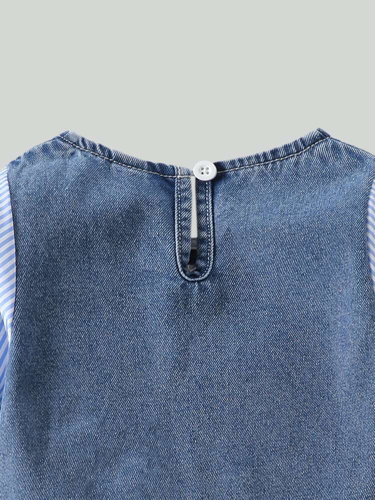 SHEIN Conjunto de 2 piezas para niña bebé a juego con la familia, estilo rústico escolar, "Daddys Girl", lindo, Old Money, patchwork de denim, camiseta de denim dulce, otoño/rayas azules y blancas - Azul - Añade 5