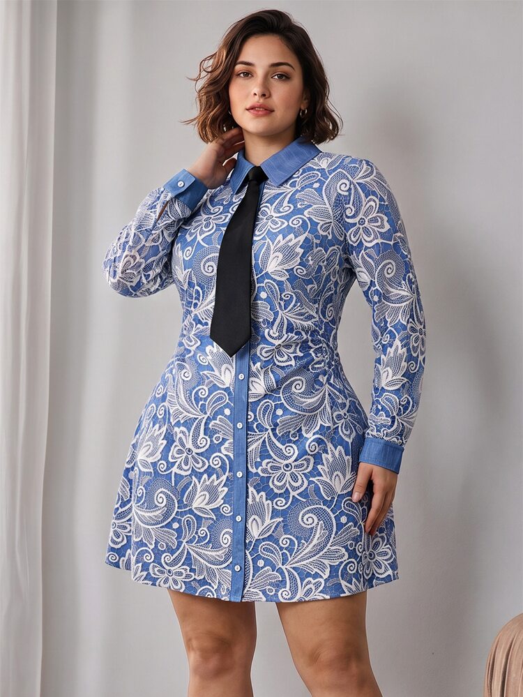 Elenzga Plus Size Women's Autumn/Winter Blue Long Sleeve Elegant Waist Ruched Shirt Dress With Faux Lace Denim Print Tie Decor, Suitable For Outings, Dates And Afternoon Tea - Blue - View 1