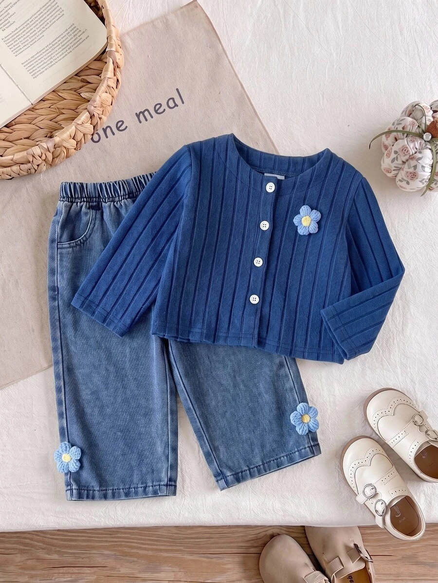 SHEIN 2pcs Toddler Girl Jacket Pants Sweet Preppy Blue Flower Patch ...