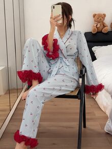 Napfluff Women's Contrast Color 3D Lace Trim Striped Cherry Print Long Sleeve & Long Pants Pajama Set - Blue - View 7