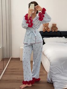 Napfluff Women's Contrast Color 3D Lace Trim Striped Cherry Print Long Sleeve & Long Pants Pajama Set - Blue - View 3