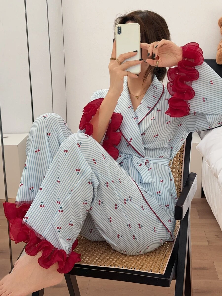 Napfluff Women's Contrast Color 3D Lace Trim Striped Cherry Print Long Sleeve & Long Pants Pajama Set - Blue - View 1