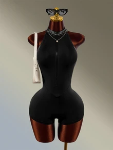 Amplova Women's Solid Color Zipper Front Open Back Halter Neck Athletic Romper - Black and White - View 3