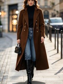 Velvienne Plus Size Elegant Street Style Button Long Sleeve Overcoat Winter - Coffee Brown - View 1