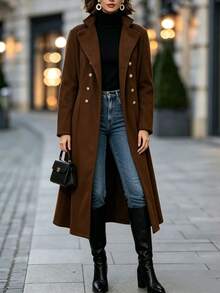 Velvienne Plus Size Elegant Street Style Button Long Sleeve Overcoat Winter - Coffee Brown - View 7