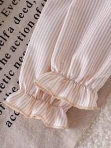 SHEIN 2pcs Baby Girl Shirt + Denim Pants Cute Sweet Brown Blue Bow Ruffle Striped Patchwork Long Sleeve Round Neck Regular Birthday Party Fall Princess Set - Multicolor - View 6