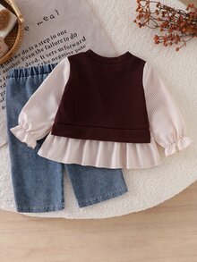 SHEIN 2pcs Baby Girl Shirt + Denim Pants Cute Sweet Brown Blue Bow Ruffle Striped Patchwork Long Sleeve Round Neck Regular Birthday Party Fall Princess Set - Multicolor - View 2