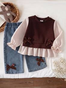 SHEIN 2pcs Baby Girl Shirt + Denim Pants Cute Sweet Brown Blue Bow Ruffle Striped Patchwork Long Sleeve Round Neck Regular Birthday Party Fall Princess Set - Multicolor - View 1