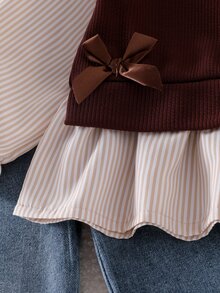 SHEIN 2pcs Baby Girl Shirt + Denim Pants Cute Sweet Brown Blue Bow Ruffle Striped Patchwork Long Sleeve Round Neck Regular Birthday Party Fall Princess Set - Multicolor - View 3