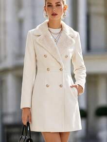 SHEIN Women's Solid Color Fuzzy Lapel NeckLong Sleeve Double-Breasted Elegant Overcoat, Autumn/Winter - Apricot - View 1