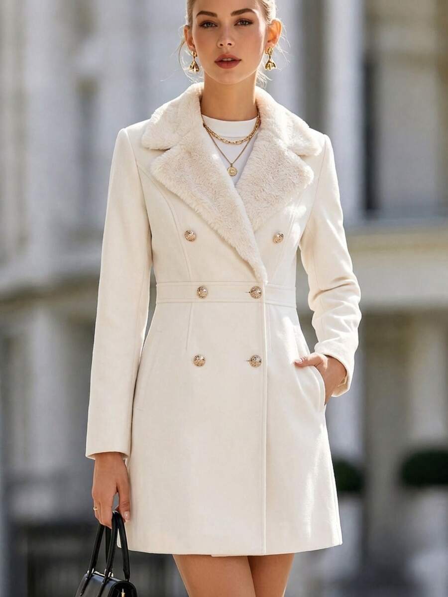 SHEIN Women's Solid Color Fuzzy Lapel NeckLong Sleeve Double-Breasted Elegant Overcoat, Autumn/Winter - Apricot - View 1