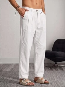 Mainfolk Men's Casual Solid Color Long Pants Vacation Beach White Autumn Streetwear,Baggy,Loose Straight-Leg Pants Halloween Winter Party Autumn - White - View 2