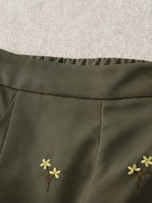 Modelyn Women's Casual Ellegant Versatile Daily Travel Long Pants With Floral Embroidery Pattern And Pockets Party Night Olive Green Autumn - Army Green - View 3