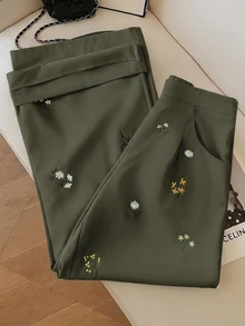 Modelyn Women's Casual Ellegant Versatile Daily Travel Long Pants With Floral Embroidery Pattern And Pockets Party Night Olive Green Autumn - Army Green - View 6