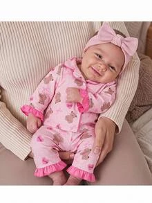 SHEIN Kids Newborn Cute Knitted Pink Cartoon Bear Pattern Home Wear Set Baby - Pink - View 1
