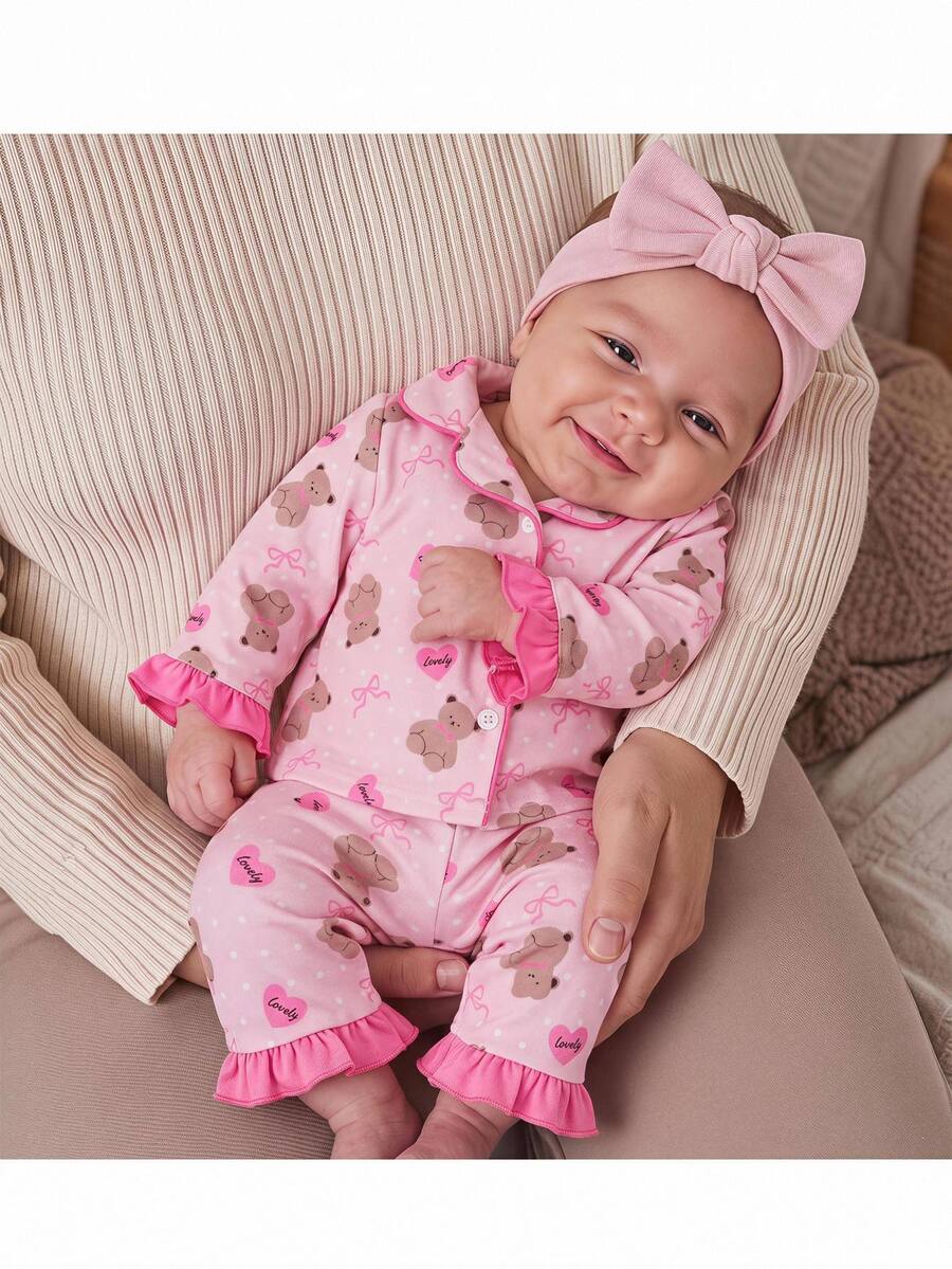 SHEIN Kids Newborn Cute Knitted Pink Cartoon Bear Pattern Home Wear Set Baby - Pink - View 1