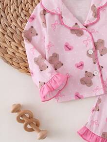 SHEIN Kids Newborn Cute Knitted Pink Cartoon Bear Pattern Home Wear Set Baby - Pink - View 5