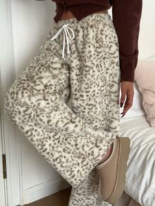 CovetEZ Women's Comfortable Leopard Print Drawstring Waist Loose Long Pants - White - View 3