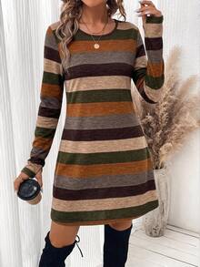 SHEIN LUNE Women's Casual Striped Colorblock Long Sleeve Short Dress, Suitable For Autumn/Winter,Casual Women's Dresses ,New Year,Elegant Dresses For Party ,Fall - Multicolor - View 3