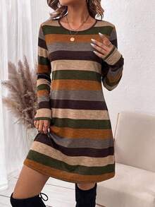 SHEIN LUNE Women's Casual Striped Colorblock Long Sleeve Short Dress, Suitable For Autumn/Winter,Casual Women's Dresses ,New Year,Elegant Dresses For Party ,Fall - Multicolor - View 6