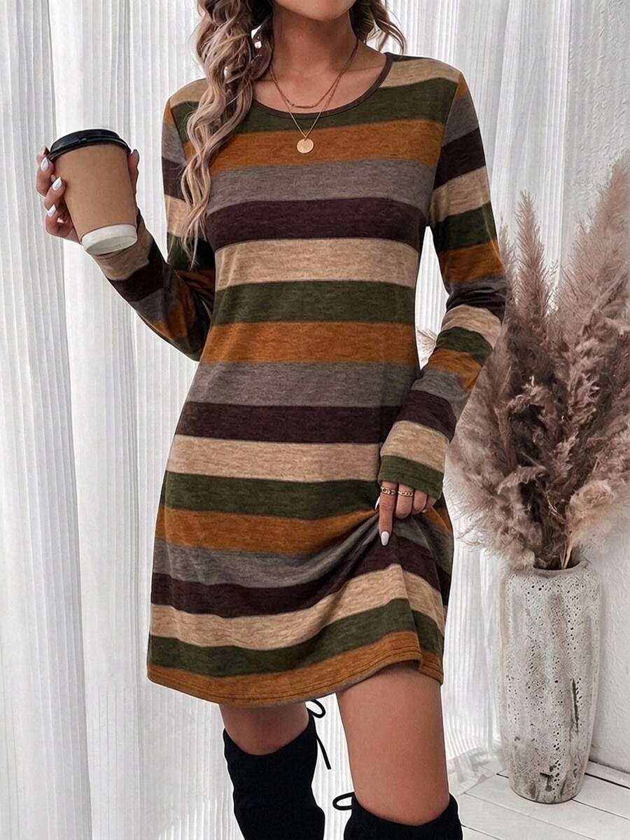 SHEIN LUNE Women's Casual Striped Colorblock Long Sleeve Short Dress, Suitable For Autumn/Winter,Casual Women's Dresses ,New Year,Elegant Dresses For Party ,Fall - Multicolor - View 1
