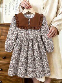 SHEIN Toddler Girls Knit Peter Pan Collar Long Sleeve Botanical Ruffle Patchwork Short A-Line Loose Fit Dress Fall Coffee Brown - Coffee Brown - View 3