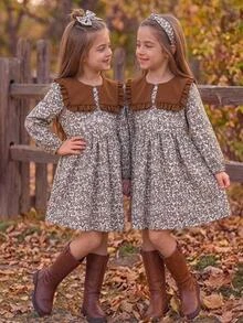 SHEIN Toddler Girls Knit Peter Pan Collar Long Sleeve Botanical Ruffle Patchwork Short A-Line Loose Fit Dress Fall Coffee Brown - Coffee Brown - View 1
