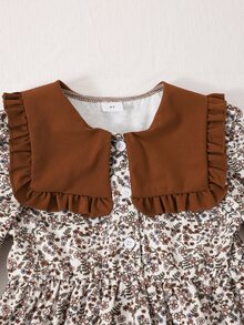 SHEIN Toddler Girls Knit Peter Pan Collar Long Sleeve Botanical Ruffle Patchwork Short A-Line Loose Fit Dress Fall Coffee Brown - Coffee Brown - View 8