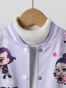 SHEIN Girls' Spring/Autumn Purple & White Color Block Baseball Jacket, Cartoon Girl Star & Letter Print, Ribbed Stand Collar, Single-Breasted Short Length Long Sleeve Varsity Jacket, Suitable For School, Outings, Casual Wear - Purple - View 7