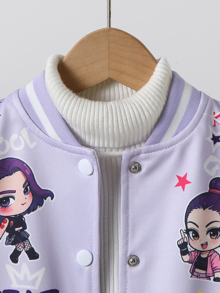 SHEIN Girls' Spring/Autumn Purple & White Color Block Baseball Jacket, Cartoon Girl Star & Letter Print, Ribbed Stand Collar, Single-Breasted Short Length Long Sleeve Varsity Jacket, Suitable For School, Outings, Casual Wear - Purple - View 7