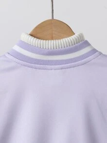 SHEIN Girls' Spring/Autumn Purple & White Color Block Baseball Jacket, Cartoon Girl Star & Letter Print, Ribbed Stand Collar, Single-Breasted Short Length Long Sleeve Varsity Jacket, Suitable For School, Outings, Casual Wear - Purple - View 4