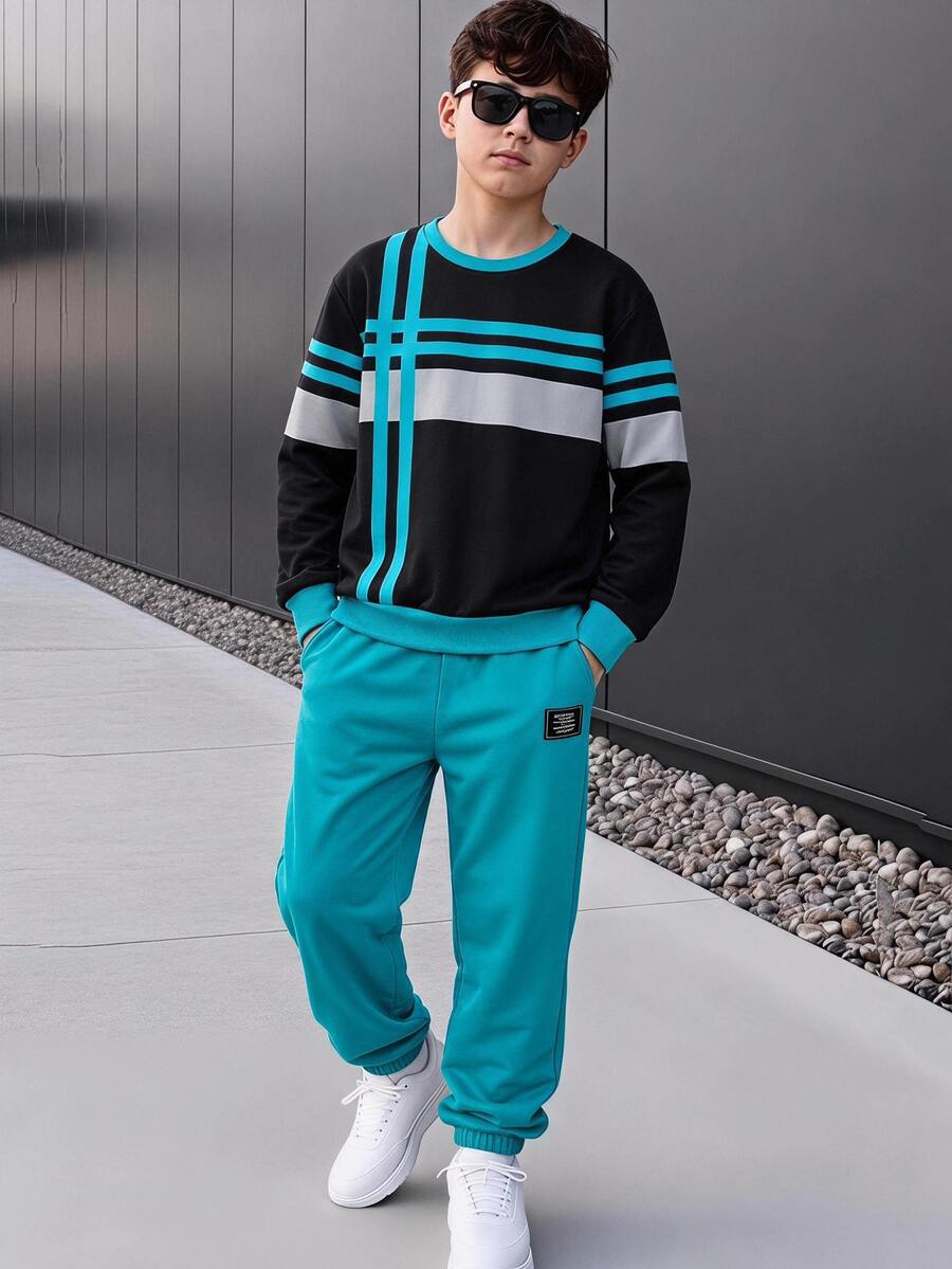 SHEIN 2pcs Boys' Fashion Lake Blue Long Pants 2 Pieces Set With Blue ...