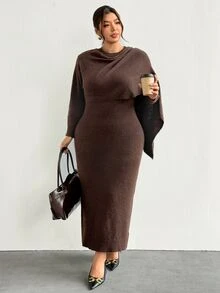 Firerie Plus Size Women Solid Color Cape Knit Dress Suitable For Outings, Thanksgiving, Home, Daily, Birthday Parties Dinner Evening, Dates Dress Fall/Winter - Burgundy - View 4