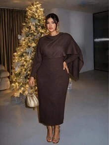 Firerie Plus Size Women Solid Color Cape Knit Dress Suitable For Outings, Thanksgiving, Home, Daily, Birthday Parties Dinner Evening, Dates Dress Fall/Winter - Burgundy - View 2