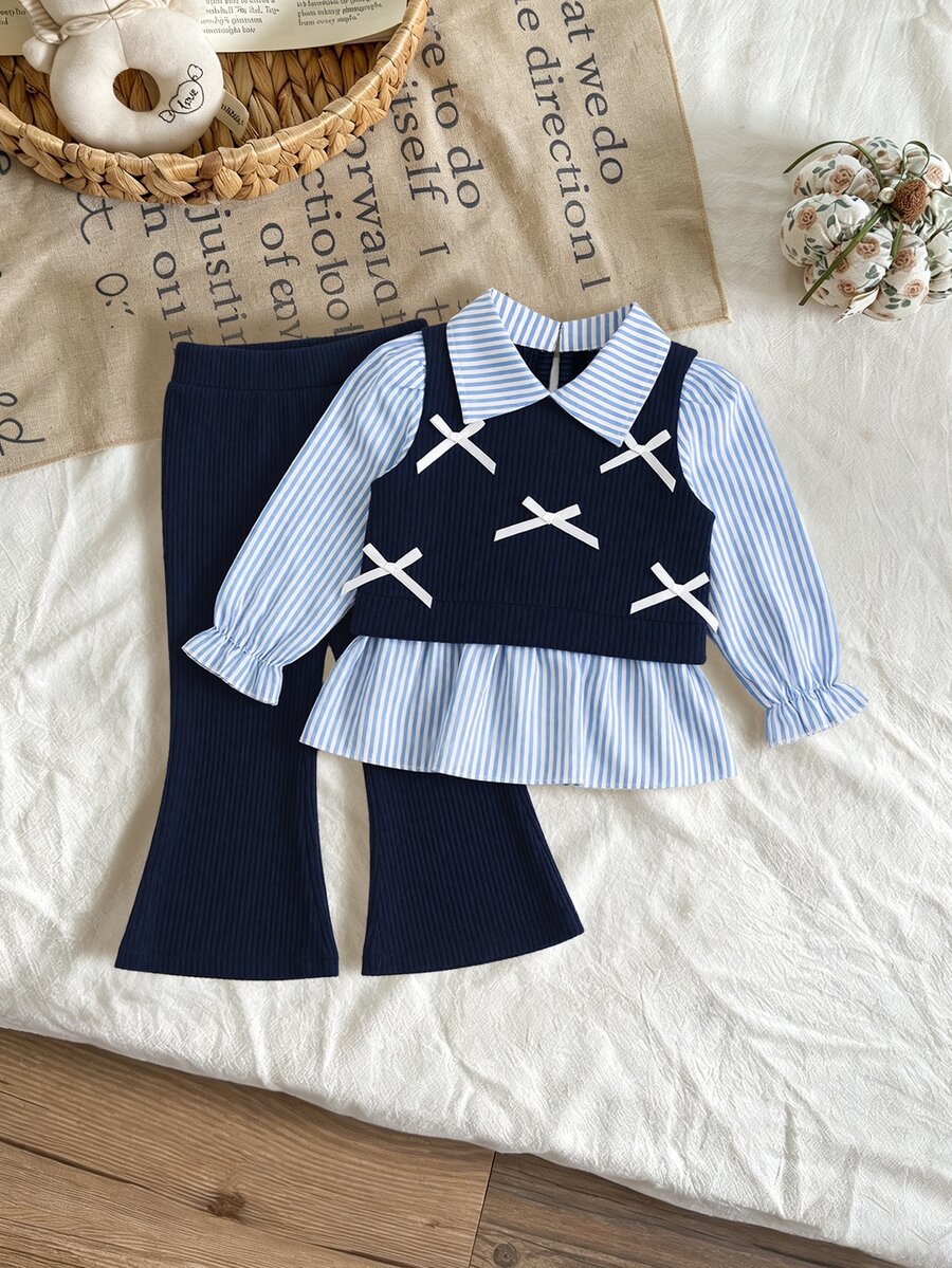SHEIN 2pcs Toddler Girl Shirt Flare Pants Set Sweet Navy Blue Striped Bow Peplum Ruffle Long Sleeve Collared Regular Birthday Spring Holiday Princess Ribbed - Blue - View 1