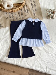 SHEIN 2pcs Toddler Girl Shirt Flare Pants Set Sweet Navy Blue Striped Bow Peplum Ruffle Long Sleeve Collared Regular Birthday Spring Holiday Princess Ribbed - Blue - View 2