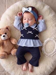 SHEIN 2pcs Toddler Girl Shirt Flare Pants Set Sweet Navy Blue Striped Bow Peplum Ruffle Long Sleeve Collared Regular Birthday Spring Holiday Princess Ribbed - Blue - View 3