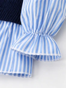 SHEIN 2pcs Toddler Girl Shirt Flare Pants Set Sweet Navy Blue Striped Bow Peplum Ruffle Long Sleeve Collared Regular Birthday Spring Holiday Princess Ribbed - Blue - View 5