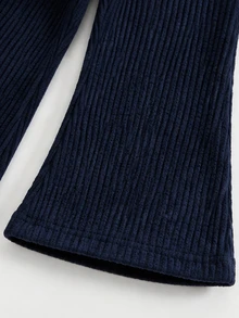 SHEIN 2pcs Toddler Girl Shirt Flare Pants Set Sweet Navy Blue Striped Bow Peplum Ruffle Long Sleeve Collared Regular Birthday Spring Holiday Princess Ribbed - Blue - View 7