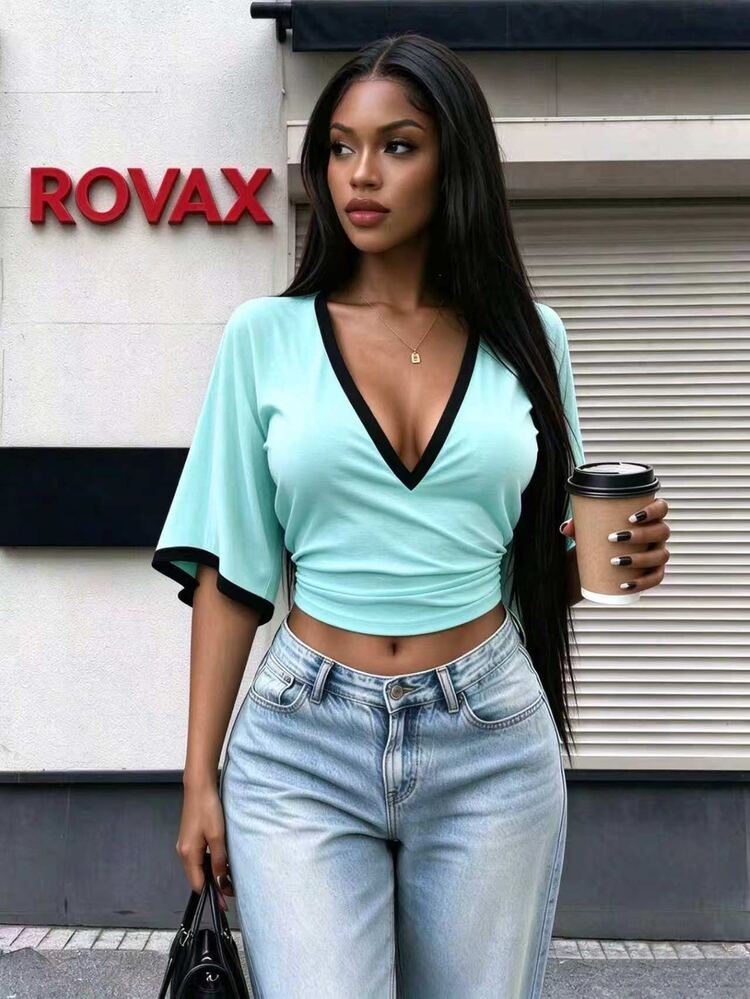 Rovax Short Fitted V-Neck Shoulder-Connected Mid-Length Sleeve Top - Multicolor - View 3