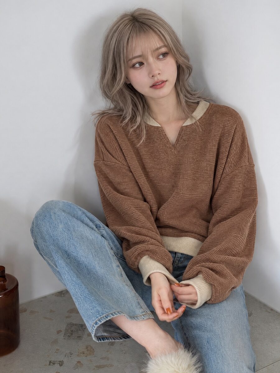 FRIFUL Women's Early Autumn New Korean Style Colorblock Waffle Fabric Loose Sweatshirt Hoodies - Brown - View 1