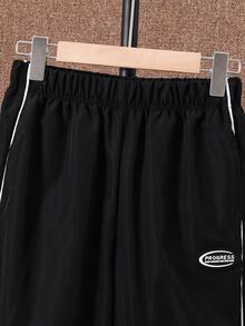 SHEIN Teen Boy Letter Patch Elastic Waist Pocket Wide Leg Loose Fit Long Pants - Black - View 5