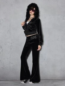 ROMWE Grunge Punk Y2K Millennium Hot Girl Velvet Fitted Hoodie & Low Waist Flare Pants 2 Pieces Set For Women - Black - View 5