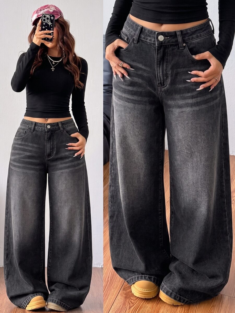 Coolane Women's Casual Denim Jeans With Pockets, Loose Wide Leg Pants - Black - View 1
