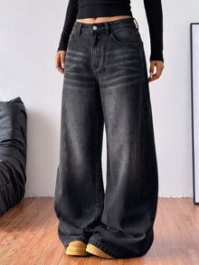 Coolane Women's Casual Denim Jeans With Pockets, Loose Wide Leg Pants - Black - View 4
