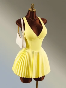 Amplova Women's Minimalist Pleated Sports Dress With Shorts Set - Yellow - View 7